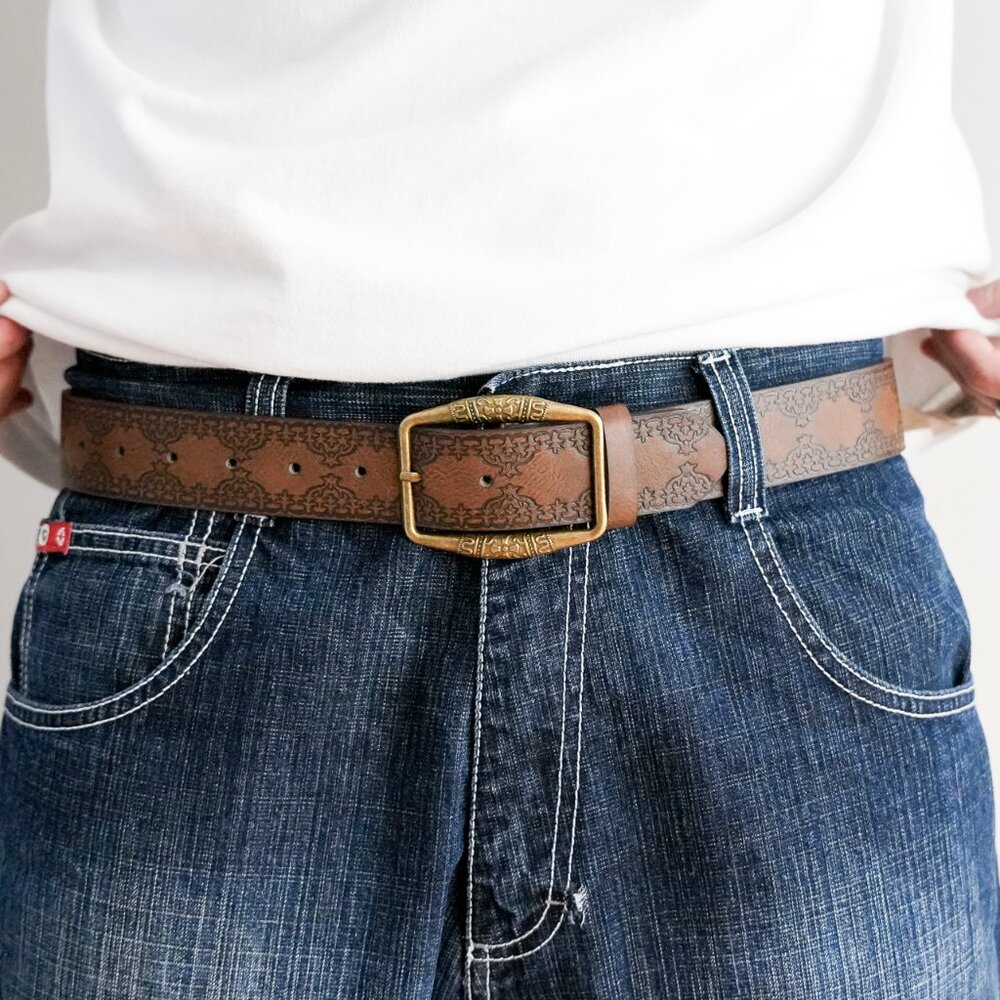 y2k vintage brown engraved brass buckle western belt